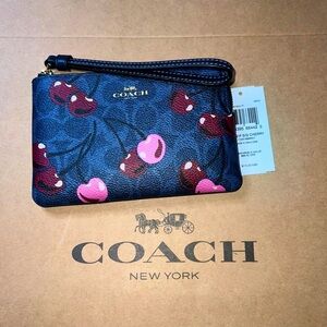 COACH Corner Zip Wristlet Blue Signature Canvas Cherry Print AUTHENTIC NWT